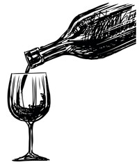 Sketch of wine bottle pouring drink into glass, black and white silhouette vector hand drawing isolated on white - 745224675