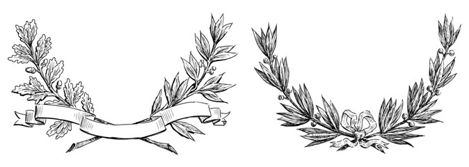 Sketches of laurel and oak branches two winning wreaths with ribbons, black and white vector illustration isolated on white - 745224686