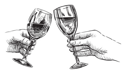 Sketches of human hands holding two wine glasses, vector black and white  hand drawings isolated on white  - 745224687