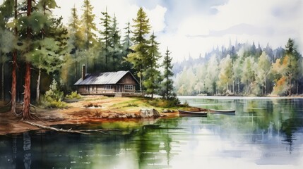 Fototapeta na wymiar Generative AI A peaceful lakeside cabin surrounded by pine trees and a serene lake. landscape watercolor