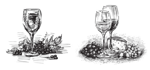 Wine glasses with grape bunch and cheese piece sketches, black and white vector hand drawings isolated on white - 745224817