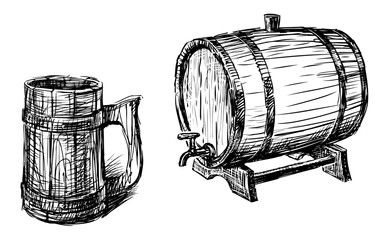 Wooden beer barrel and mug sketches, vector hand drawing isolated on white - 745224819