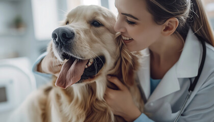 Cheerful Veterinarian Enjoying a Moment with a Golden Retriever in a Bright Vet Clinic