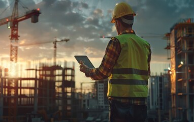 Civil Engineer with Tablet Inspecting Concrete Structures at Construction Site at Dusk