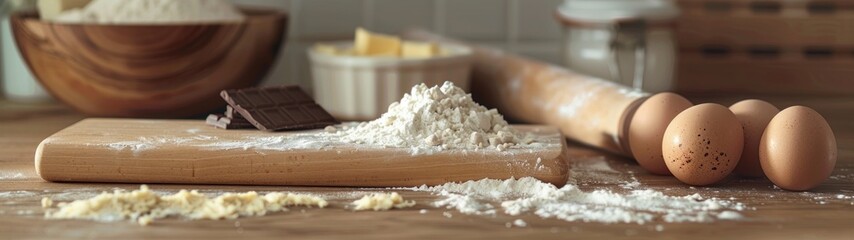 Baking Ingredients: A set-up of essential baking ingredients like flour, eggs, sugar, butter, and chocolate, ready for a baking project, possibly with a rolling pin and dough in the background.  - Powered by Adobe