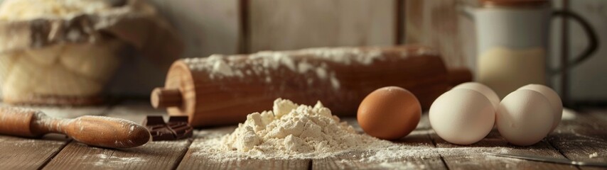 Baking Ingredients: A set-up of essential baking ingredients like flour, eggs, sugar, butter, and chocolate, ready for a baking project, possibly with a rolling pin and dough in the background. 