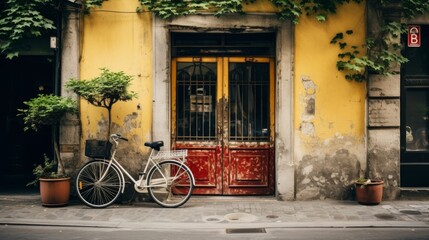 Fototapeta na wymiar Bicycle parked by closed entrance doors