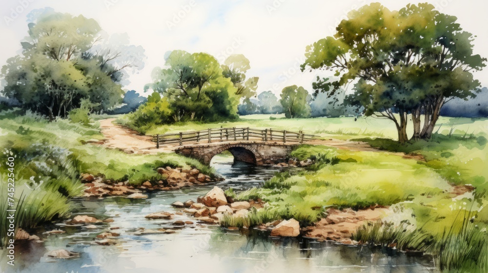 Poster generative ai a picturesque countryside scene with a small bridge over a stream. landscape watercolo