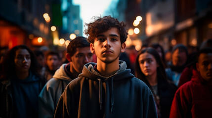 Fototapeta na wymiar Curly-haired youth stands contemplatively in a bustling street crowd, embodying individuality amidst urban chaos. A candid, introspective moment captured with depth and moody lighting.