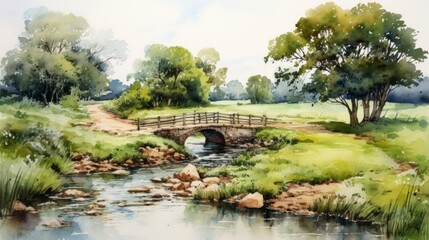 Fototapeta na wymiar Generative AI A picturesque countryside scene with a small bridge over a stream. landscape watercolor