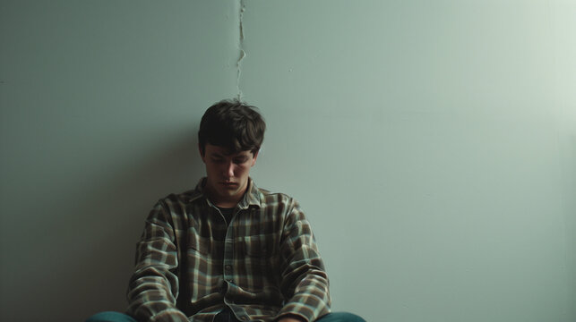 A sad, depressed man sitting in front of a white wall alone. only one man. unhappy melancholic state.