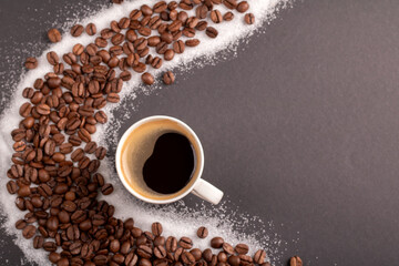 espresso, bean, background, sugar, grain, beverage, caffeine, coffee bean, brown, seed, aroma, hot, rustic, cup, cafe, drink, high, top