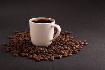 coffee cup, espresso, caffeine, seed, hot drink, closeup, bean, black background, background, breakfast, brown, aroma, hot, rustic, cup, beverage, mug, grain