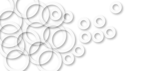Abstract illustration of randomly arranged gray rings with soft shadows on white background. Seamless White Circle Pattern. Design for card, brochure, cover, banner, artwork.