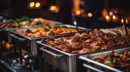 Catering buffet food indoor in restaurant with grilled meat. - obrazy, fototapety, plakaty