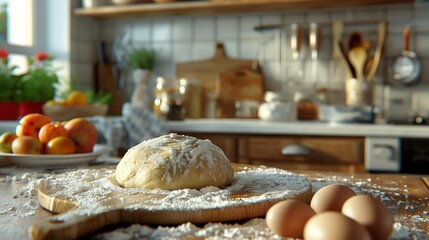 Dough loaf on wooden cutting board with eggs and flour in kitchen - Powered by Adobe