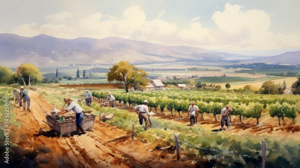 Aufkleber generative ai a picturesque vineyard during harvest season with workers and grapevines.