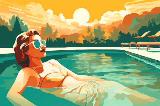 Bask in the glow of this vintage-styled illustration capturing a relaxing poolside