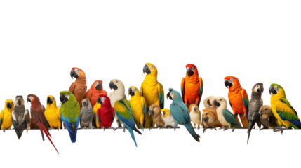 many different exotic pet birds, Parrots, parakeets, macaws in a row, isolated on transparent and white background.PNG image.