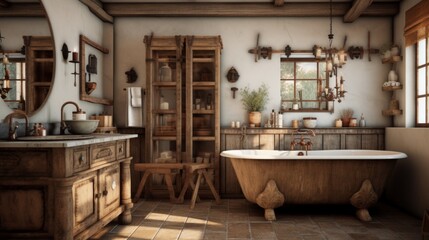 Generative AI A rustic farmhouse bathroom with distressed wood elements, a copper sink, and wrought iron accents