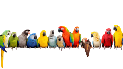many different exotic pet birds, Parrots, parakeets, macaws in a row, isolated on transparent and white background.PNG image.