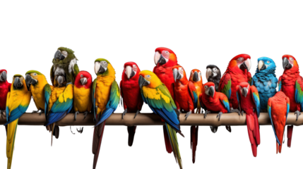 many different exotic pet birds, Parrots, parakeets, macaws in a row, isolated on transparent and white background.PNG image.