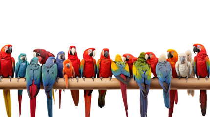 many different exotic pet birds, Parrots, parakeets, macaws in a row, isolated on transparent and white background.PNG image.	 - obrazy, fototapety, plakaty