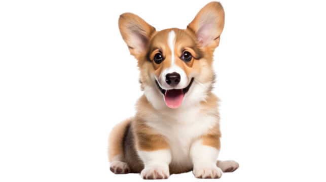 happy panting Welsh Corgi Pembroke Puppy isolated on transparent and white background.PNG image