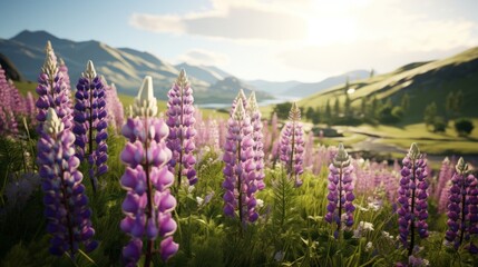 Generative AI A scenic countryside vista showcasing wild lupines and other native spring wildflowers. - obrazy, fototapety, plakaty
