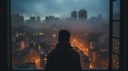 A woman looks at a city covered in fog