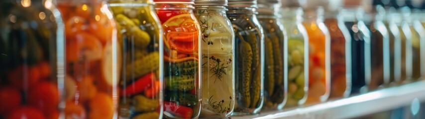 Preserves and Pickles: Jars of homemade jams, preserves, and pickled vegetables, showcasing the beauty of home canning and preservation.