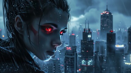 Woman's face with mysterious red eyes on city background - obrazy, fototapety, plakaty