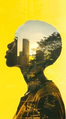 Double exposure blend mode Bad sideArtificial intelligence in Gen Z Yellow pushing sustainability forward with youthful energy and smart solutions