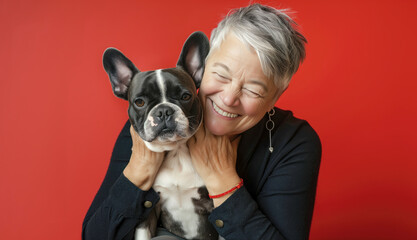 Smiling senior woman with french bulldog dog