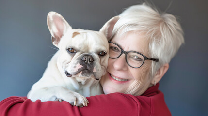 Senior woman and french bulldog dog