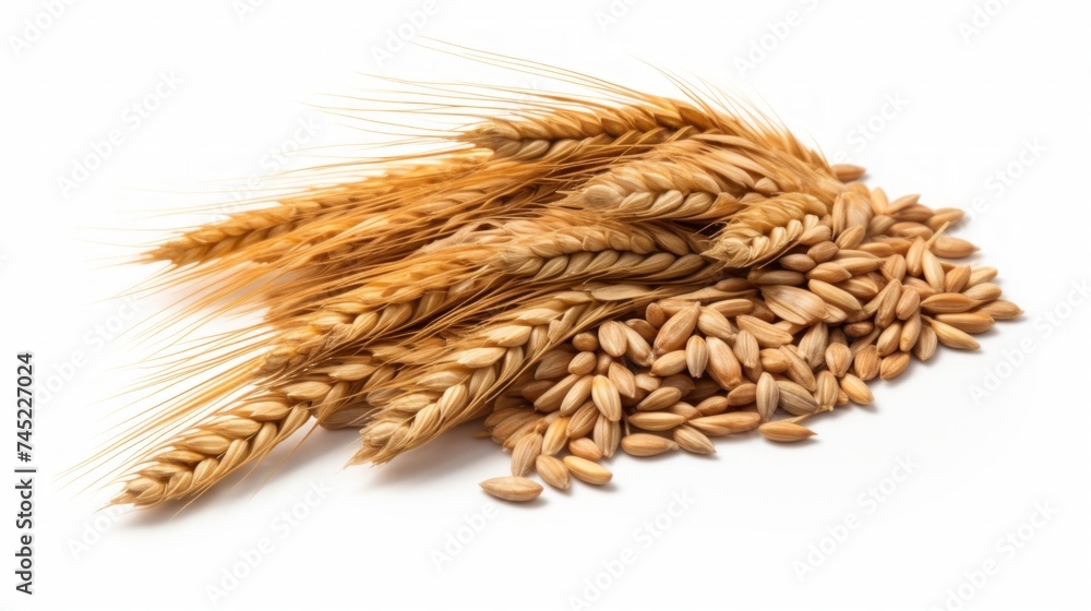 Poster a small pile of barley grains showcased in a close-up realistic photo against a white background gen