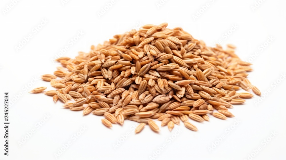 Poster a small pile of farro grains showcased in a close-up realistic photo against a white background gene