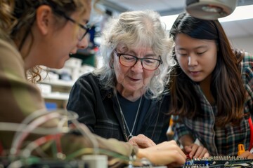 Mature Female Educator Advising Young Students in a Project Workshop Environment
