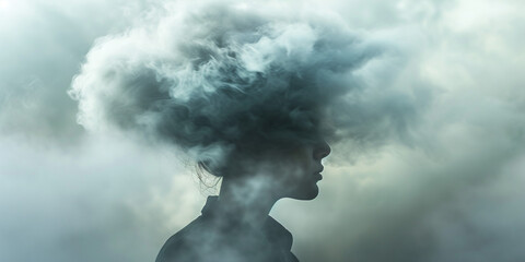 Woman with cloud over his head. Female with head clouds solitude. Depression loneliness, anxiety confused full of thoughts addiction, mental health isolated on gray background.
