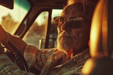 Mature Adult Male Driver Concentrating on the Highway Through the Vehicle Window