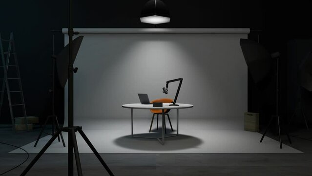 turning lights on at empty recording studio with podcast scenario, desk, chair, notebook and microphone. Camera zoom.