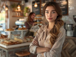 Confident Female Entrepreneur with Arms Crossed in a Coffee Shop