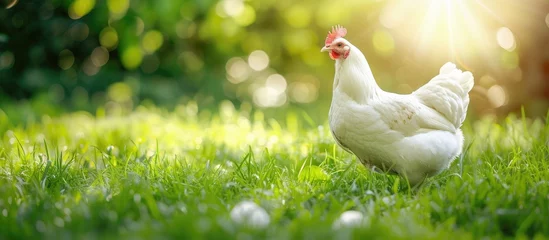Rolgordijnen A white chicken is standing confidently on top of a vibrant green field, under the bright sun, surrounded by lush vegetation and nature. © TheWaterMeloonProjec