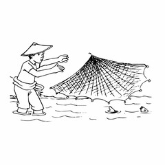 fisherman casting nets, Fisherman with net for catching fish, black and white coloring page. outline can for drawing book and coloring image
