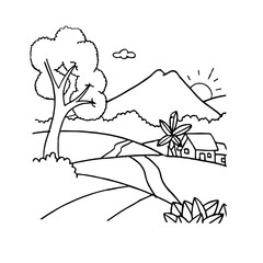 Landscape Panorama, Cartoon, drawing book and coloring image