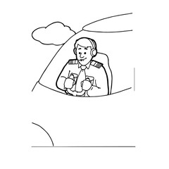 Pilot cockpit plane,Front view airplane captain command of aircraft. Black and white coloring page. Outline can for drawing book and coloring image