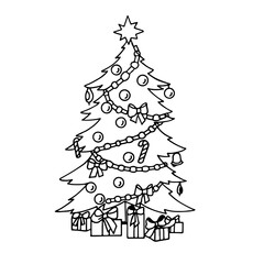 Christmas tree decorated with colorful balls, garland lights and golden star. Hand drawn vector illustration. Vector black and white coloring page.vector outline can for drawing book and coloring imag