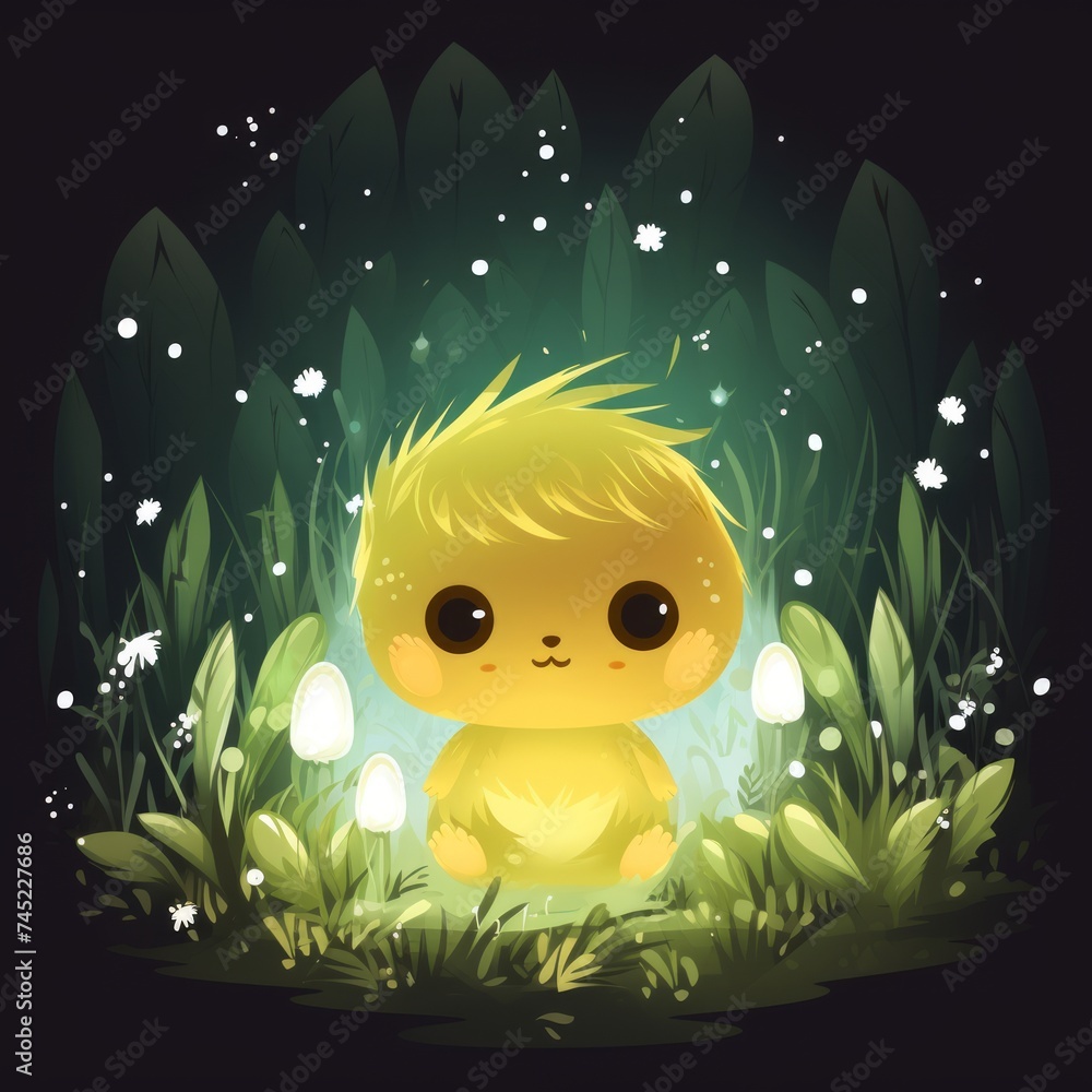 Poster generative ai a tiny forest spirit with glowing eyes, surrounded by mystical fireflies.