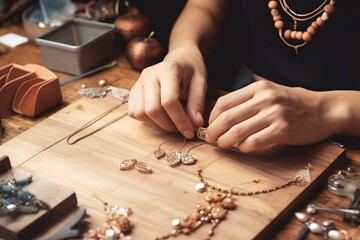 Female jewelry designer creating gold accessories at her workplace