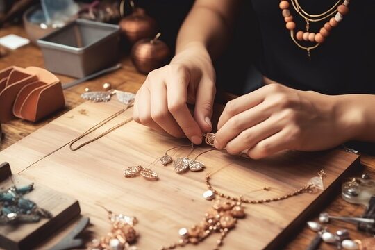 Female jewelry designer creating gold accessories at her workplace